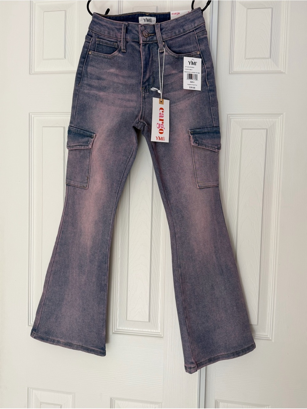 YMI Cargo Flare Jeans Medium Wash Lavander Tint With Side Pockets Girls Size 8